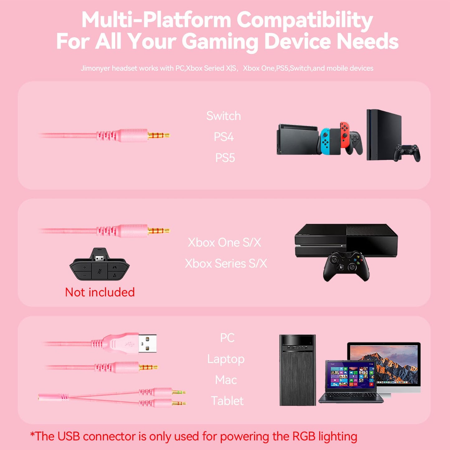 Jimonyer Gaming Headset for PC/PS4/PS5/Xbox One/Switch, Stereo Surround Sound Gaming Headphones with Noise Canceling Flexible Mic, Computer Headset with 3.5mm Jack & RGB Light (Pink)