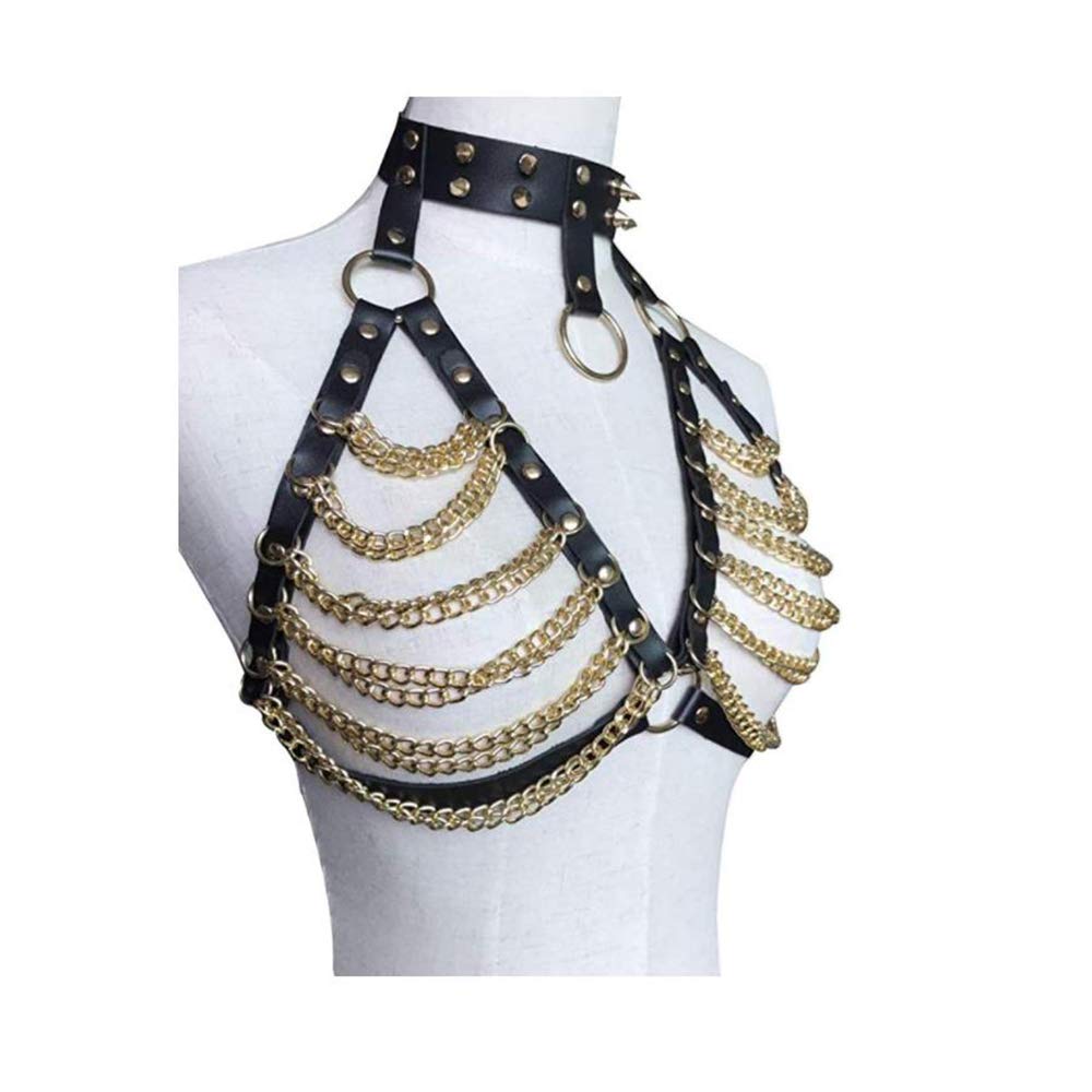 Women Sexy Gothic Leather Harness Bra Punk Waist Belt Body Chain (Golden)