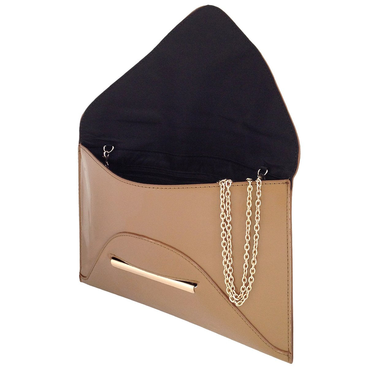 JNB Faux Patent Leather Envelope Candy Clutch Bag with Gold Hardware Zippered Pocket,Taupe