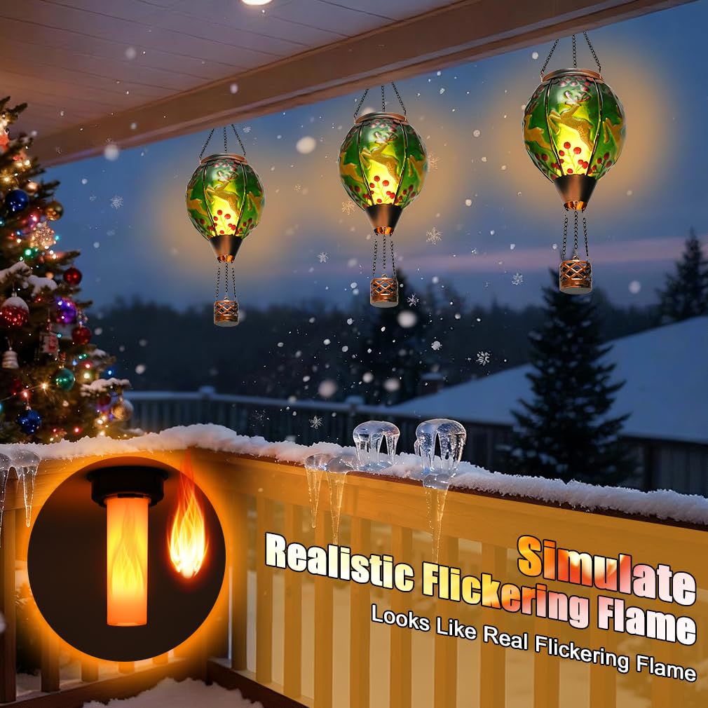 Solar Powered Hot Air Balloon Lantern - Reindeer Glass Lantern, Simulated Flickering & Dancing Flame, Outdoor Hanging Yard Light Waterproof IP65 for Patio Lawn Porch Christmas Decor Gift