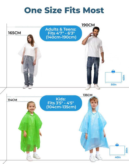 SANXINHT Disposable Rain Poncho Family 10 Pack for Adults & Kids with Hood - 2X-Thicker for Theme Parks, Travel & Outdoors