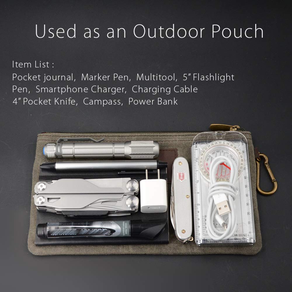All Purpose Utility Zipper Pouch, EDC Organizer, Water Resistant, Durable Waxed Canvas with Full Grain Leather, Carabiner, Inner Pockets, Office Work Essentials, Charger Case, Pencil Case. Olive.