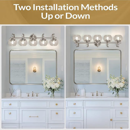 ANDY STAR 5-Light Brushed Nickel Bathroom Light Fixture, 35" Large Wall Sconce, Glass Globe Design, Perfect for Large Bathrooms, Double Vanities, Elegant Linear Design