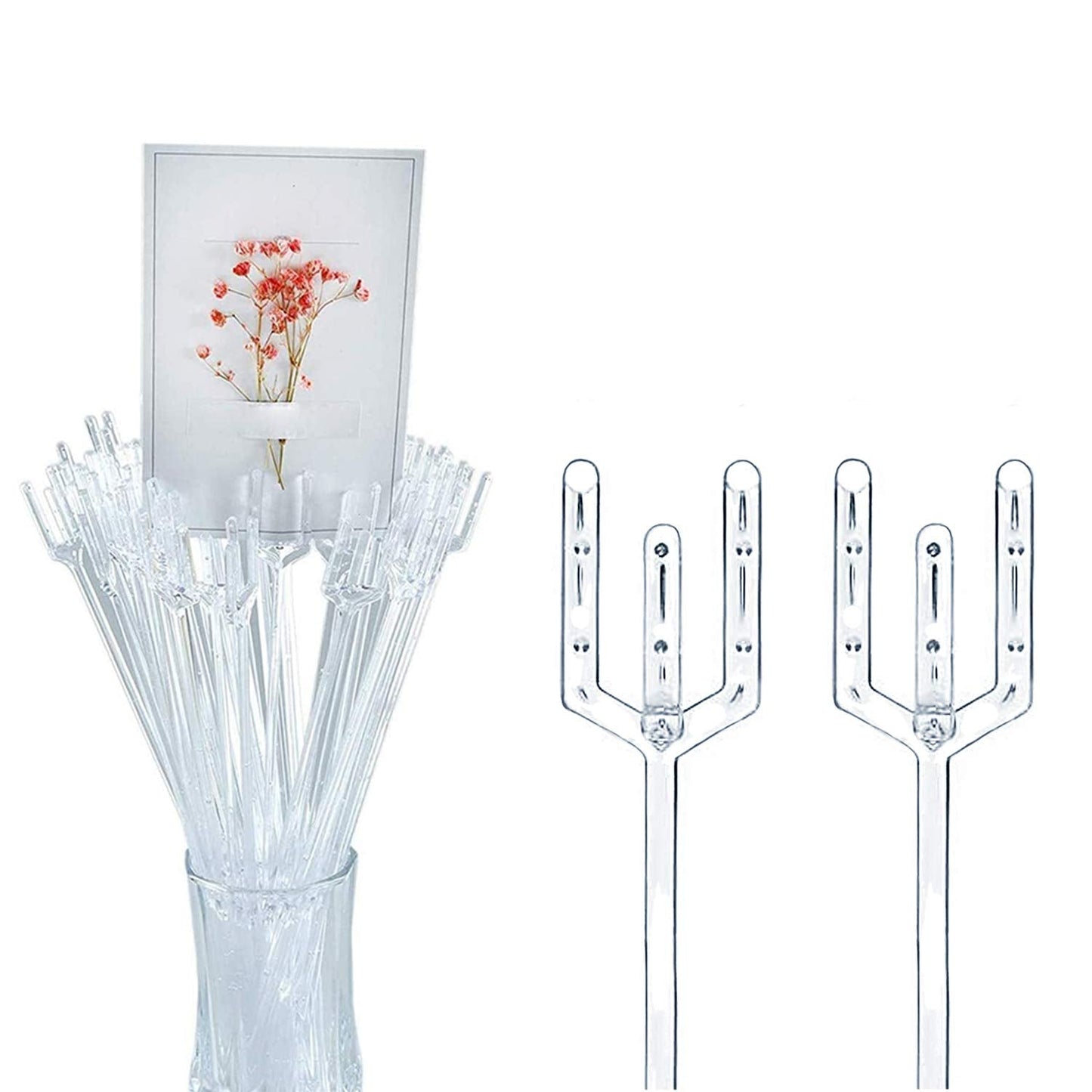BEADNOVA Floral Card Holder Picks 50pcs 12inch Flower Plastic Floral Pick Holder for Card Photos Wedding Birthday Party Decoration (Fork Shape Head)