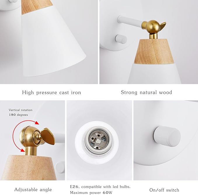 Wall Sconce Set of 2, Wall Sconce Lighting Fixture with Metal Shade, Rotary Switch, Indoor Decor Wall Mount Swing Arm Lamp for Bedroom,Hallway,Living Room,Reading, White