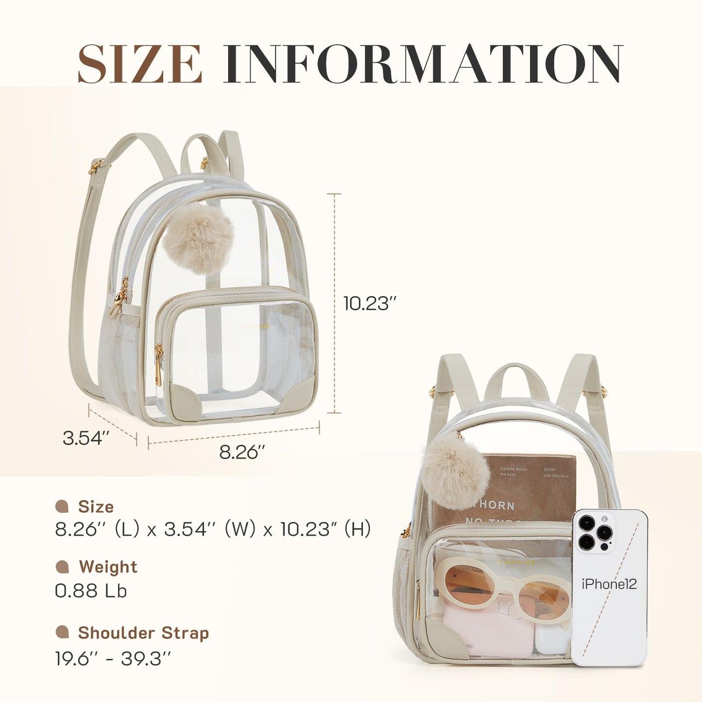 Missnine Small Clear Backpack for Stadium Events Anti-theft Mini Clear Bag for Sport Event Concert with Cute Pom-pom Ball