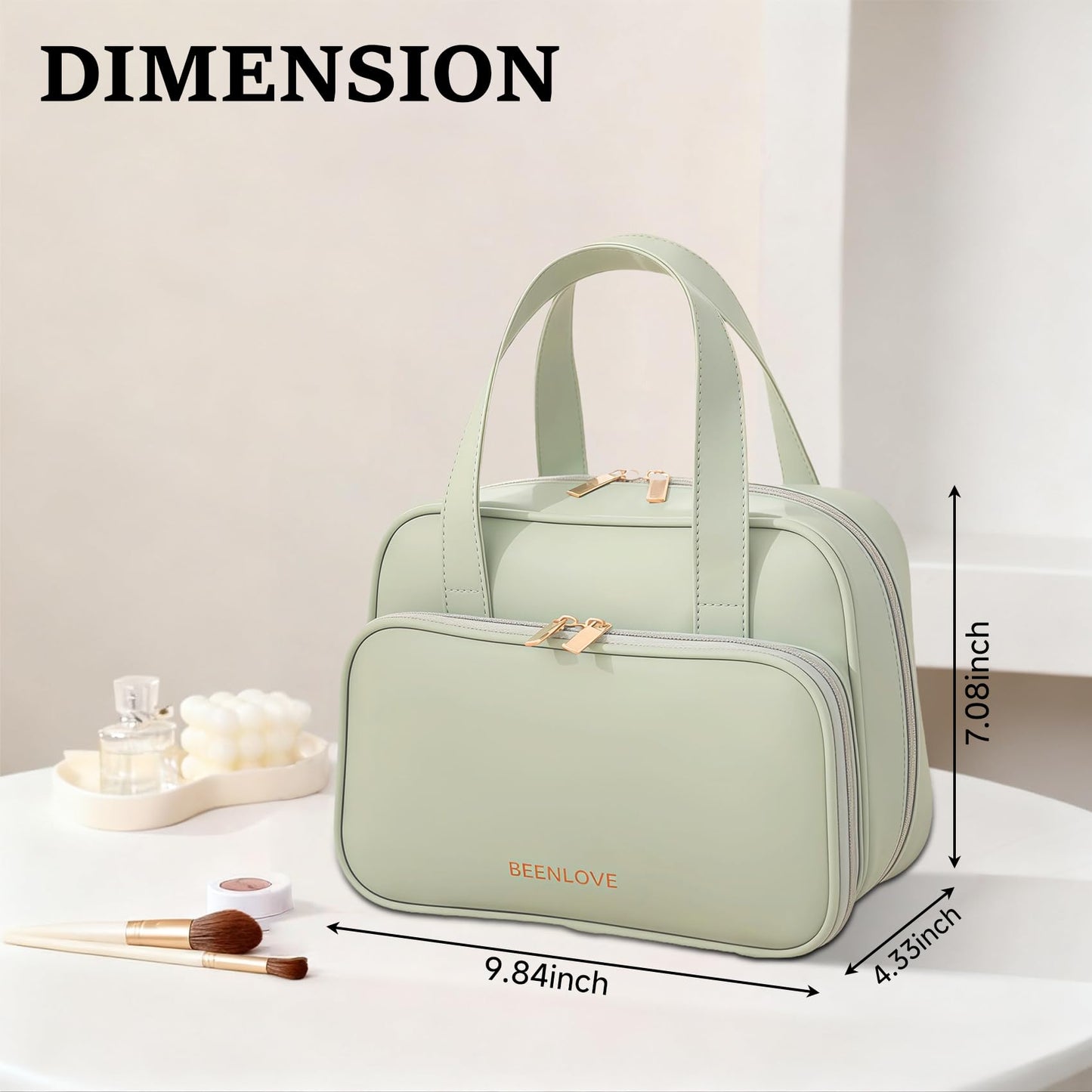 VISSUX Travel Makeup Bag for Women, Waterproof PU Leather Cosmetic Organizer with Handle, Large Capacity Toiletry Bag with Wide-Open & Multiple Compartments for Travel Accessories & Essentials (GREEN)