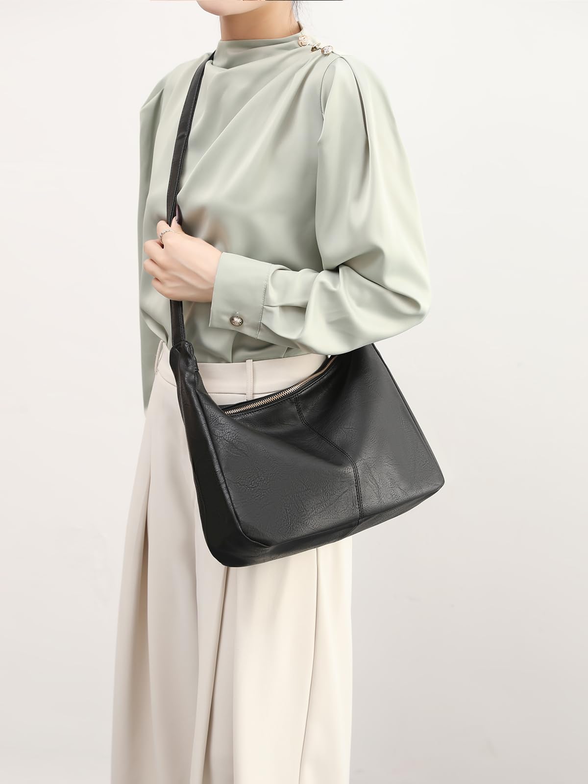 NIUEIMEE ZHOU Hobo Bags for Women Foldable Vegan Leather Shoulder Handbag Slouchy Tote Crossbody Purses