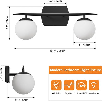 Black Vanity Lights for Bathroom, 2-Light 20 Inch Bathroom Lighting Fixtures over Mirror with Milky White Frosted Glass Shades, Wall Sconces for Bathroom, Bedroom, Living Room(G9 Bulb not Included)