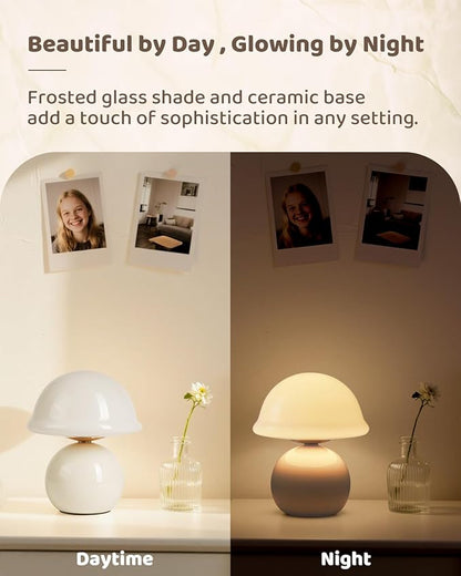 Mushroom Lamp Bedside Table Lamp for Bedroom, Cute Small Lamps with Glass Lampshade, Nightstand Lamp with Dimmer for Living Room Kitchen Apartments Offices Desk Shelves (White)