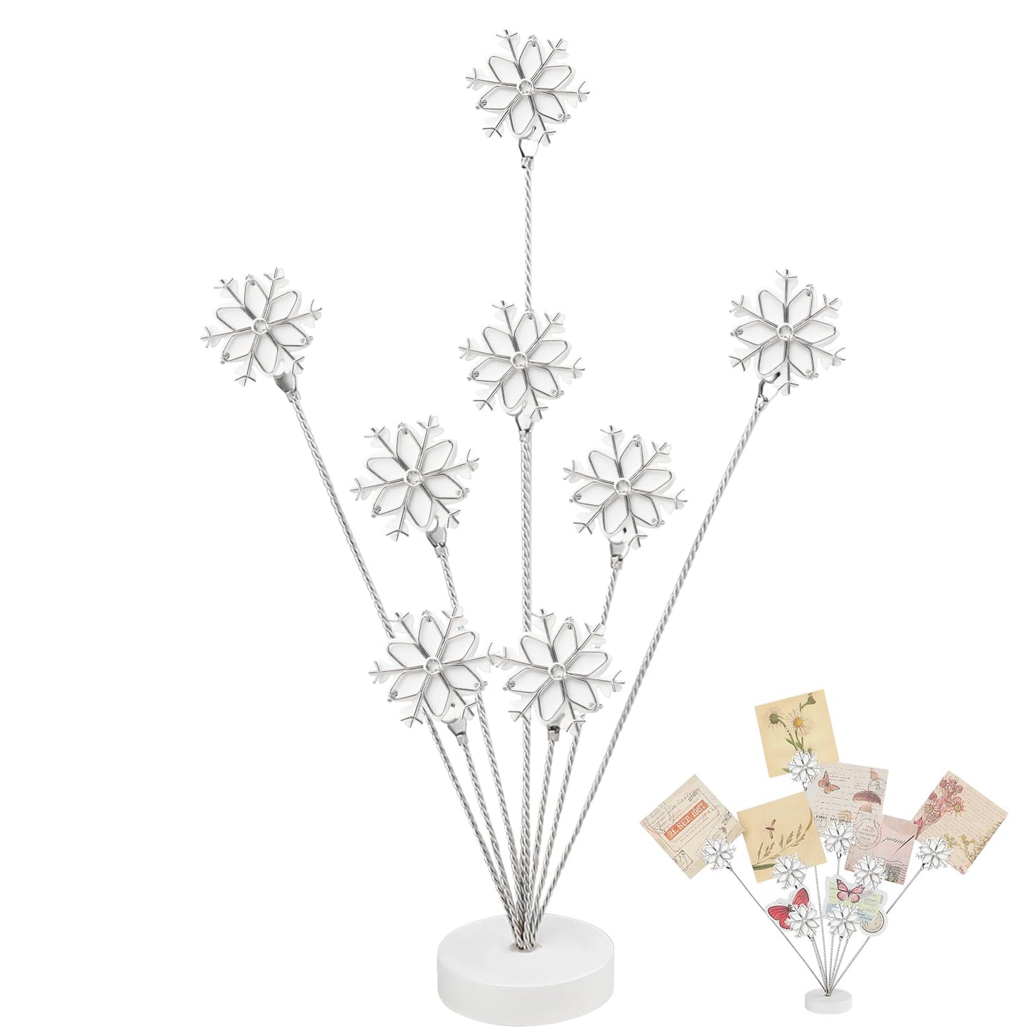 8-Branch Photo Tree Holder with Clips,Family Money Tree Picture Frame Stand,White Snowflake Gift Card Holder for Christmas,Cards, Notes, Memos,Wedding Photos, Office Desk and Home Decor