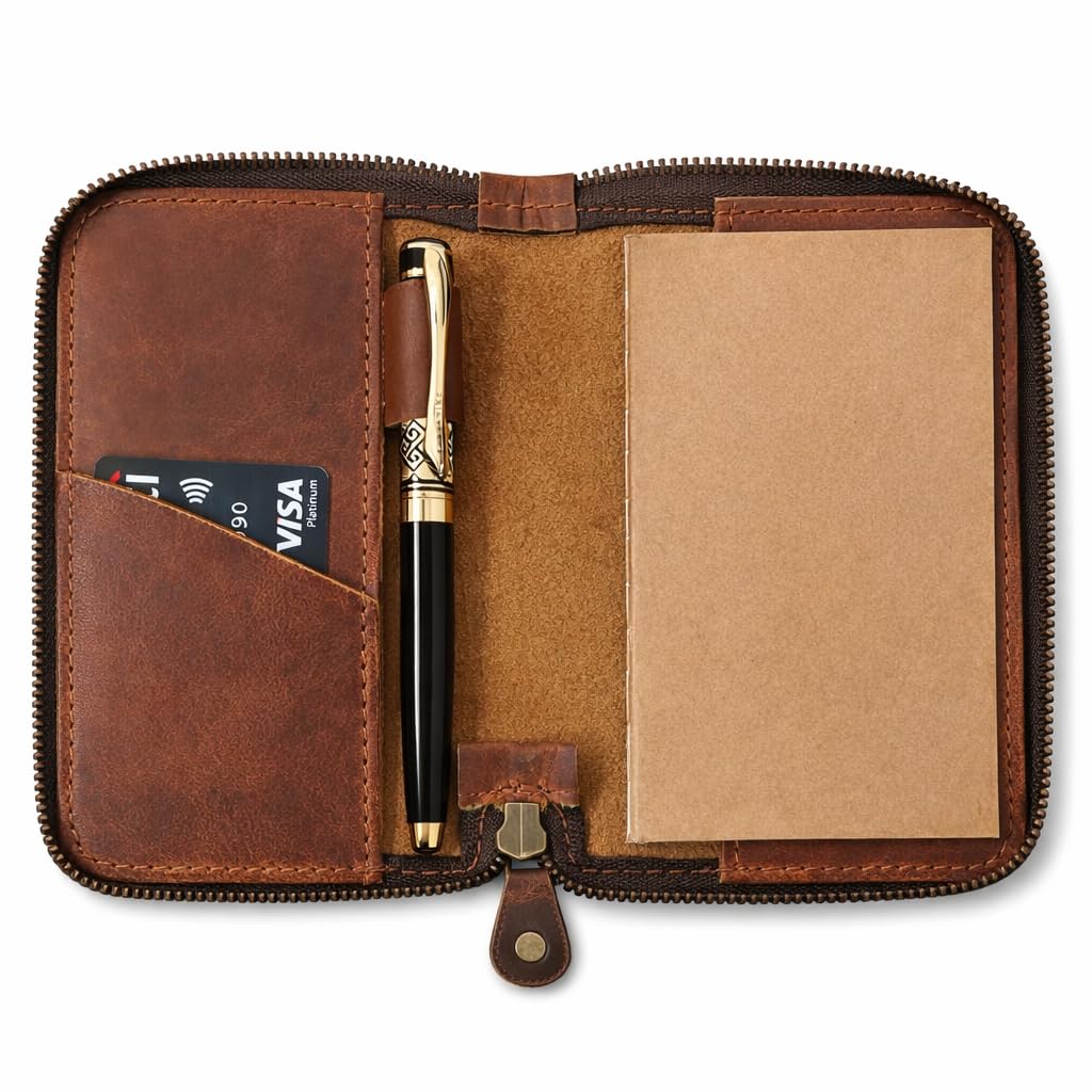 CestAntiQ Zippered Leather Journal Cover Compatible with Moleskine Cahier TWONE Original Kraft Elan Pitch Black Pocket Size 3.5 x 5.5 for Field Notes Notebook Memo Books with Pen Holder Handmade (Tan)