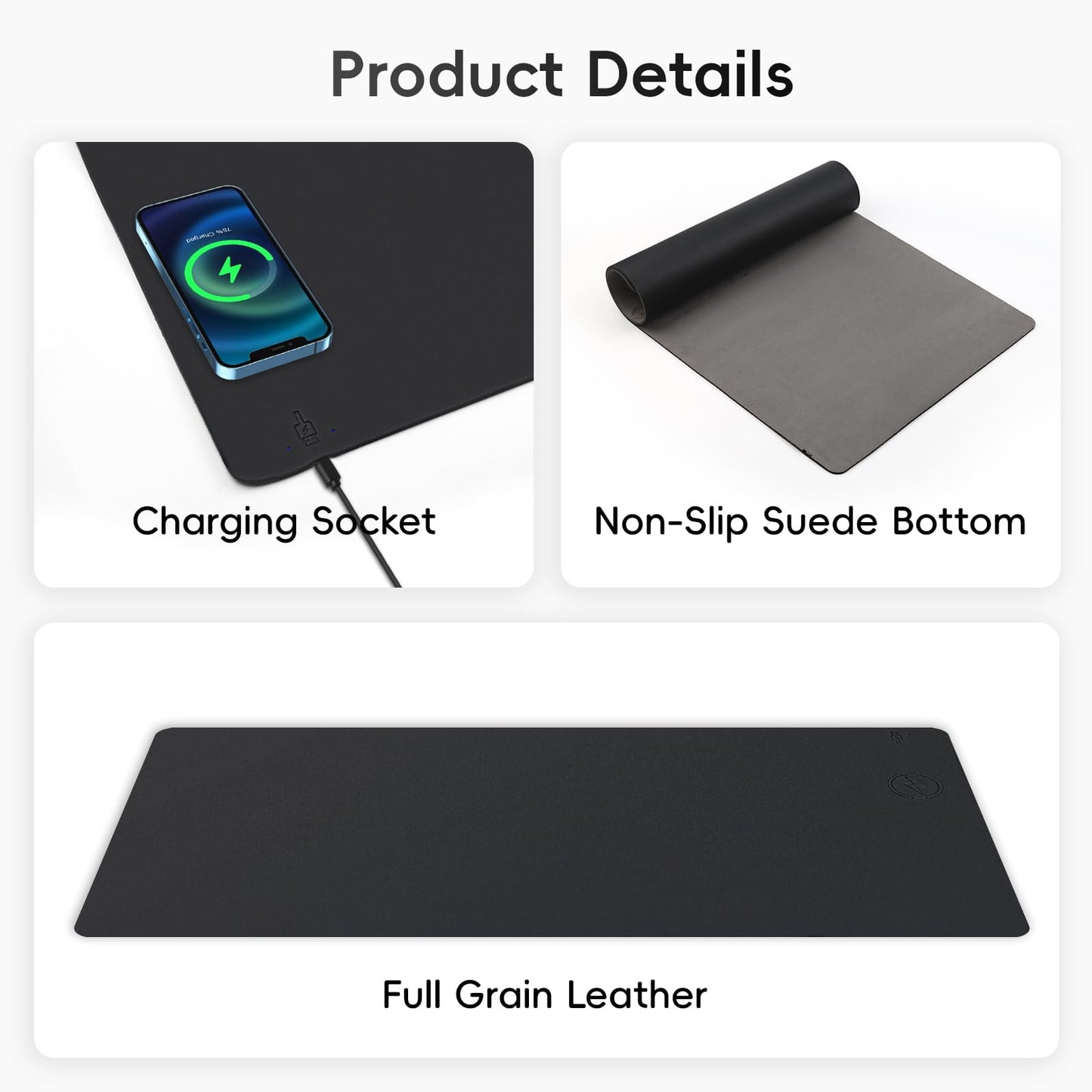 Mouse Pad with Wireless Charging, PU Leather Fast Charging Gaming Mouse Pad, Waterproof Anti-Slip Surface, Easy Clean Office Table Mat, 32L x 16W x 0.15H inches, Black(Right Side Charging Port)