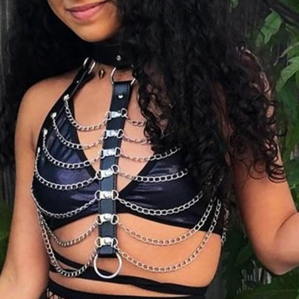 Zoestar Leather Chest Harness Chain Belt Black Fashion Rave Body Accessories for Women