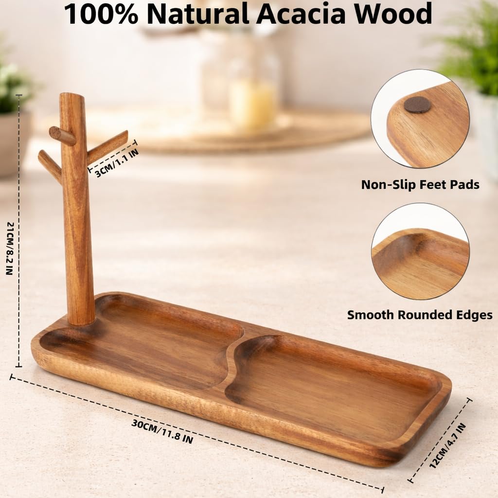 Acacia Wood Key Tray for Entryway Table, Wooden Catchall Organizer with Jewelry Storage Rack, Valet Tray for Keys Wallet Watches Sunglasses Rings(Rectangle)