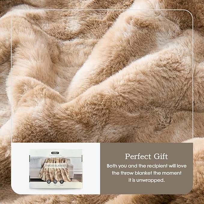 Krifey Oversized Faux Fur Blanket, Super Soft Cozy Blanket, Luxury Fluffy Throw Blanket Fuzzy Bed Throw, Plush for Women, Marbled Beige 60" x 80"