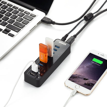 Anker USB Hub, USB 3.0 Hub, 10 Port 60W Data Hub, with 7 USB-3.0 Ports, 3 PowerIQ Charging Ports, Compatible with MacBook, iMac, Dell XPS, Surface Pro, iPhone, iPad Air, Galaxy Series, Mobile HDD