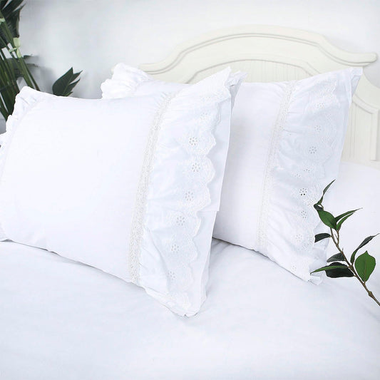 Eyelet Pillow Shams Lace Ruffled Standard White Shabby Chic Farmhouse Pillowcases Set of 2 Pretty Elegant Cotton Country French Cottage Embroidered Floral Victorian Crochet Trim 20x26