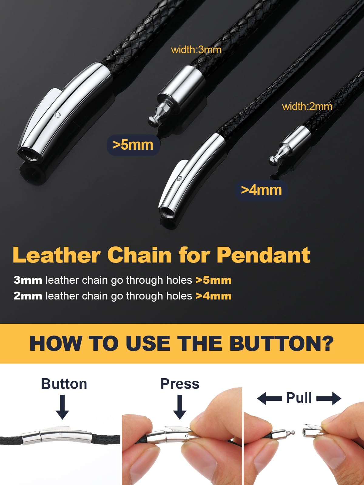 U7 Black Leather Cord Necklace with Stainless Steel Clasp, Men Women 2mm Wide Woven Wax Rope Chain for Pendant, Length 16 Inch