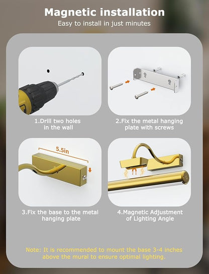 Picture Light Battery Operated, 13in Wireless Art Light for Paintings, Dimmable 5000mAh Recharging Battery Picture Light with Remote Control for Wall, Gallery Dartboard Art Bedroom (Gold-2Pack)