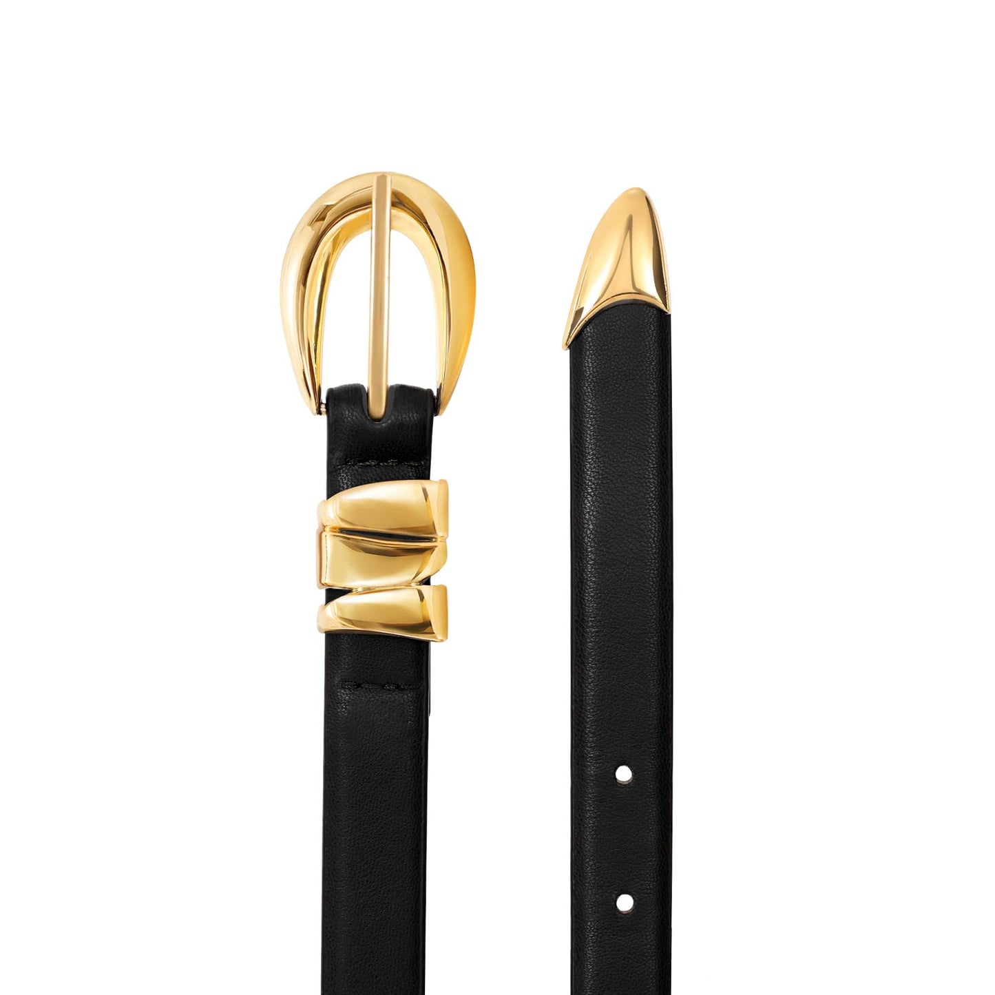 XZQTIVE Women's Skinny Leather Belts Ladies Thin Waist Belts for Jeans Dress Pants Trendy Black Belt with Gold Buckle