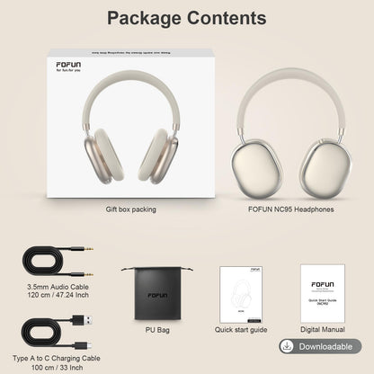 FOFUN NC95 Hybrid Active Noise Cancelling Headphones with Knob Control, 120H Playtime Over Ear Headphones Wireless Bluetooth 6.0, App Control, Hi-Res Audio, Comfort Fit, Clear Calls for Travel/Workout
