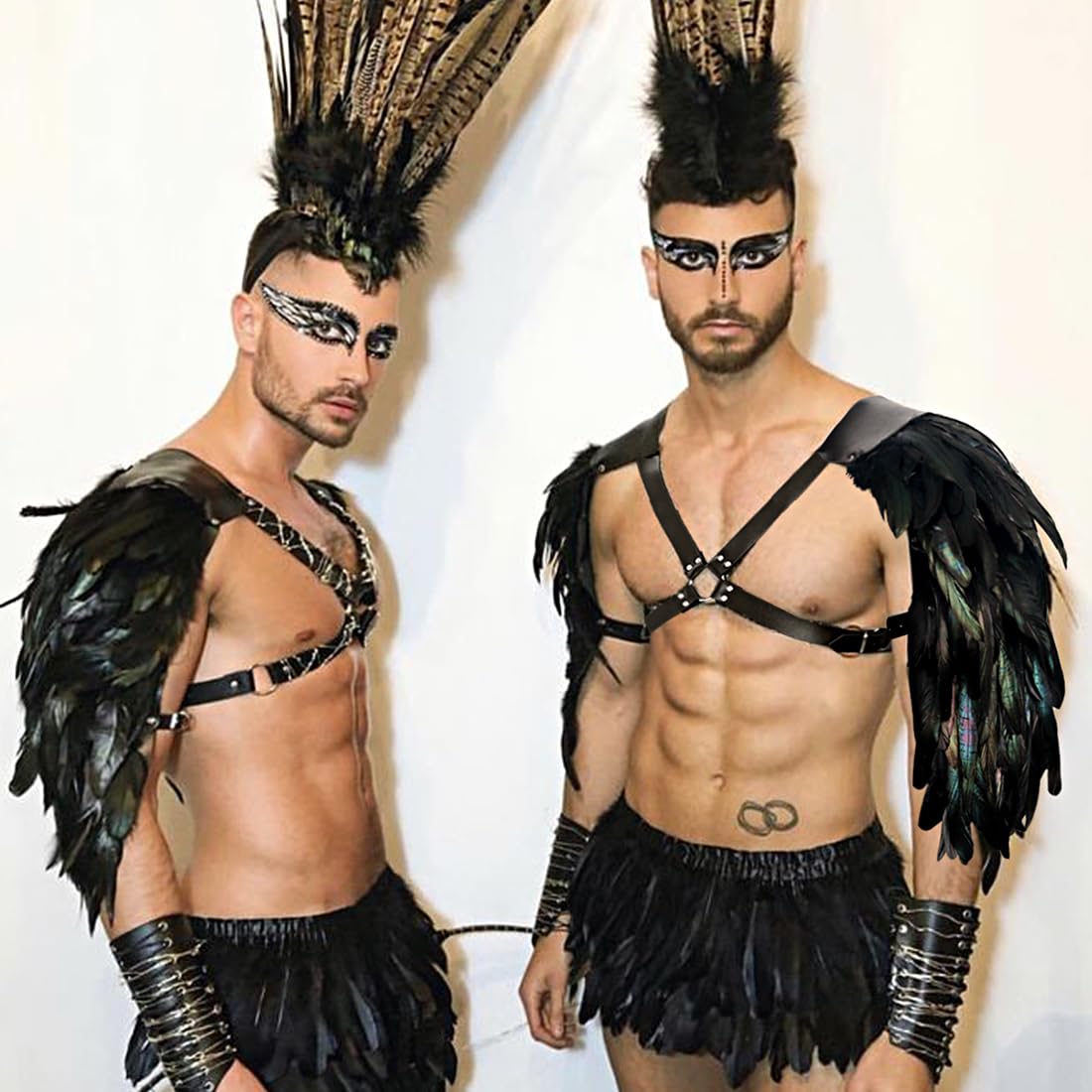 L'VOW Men's Feather Shoulder Armor Medieval Leather Harness Shoulder Guards Halloween Demon Cosplay(Black-2)