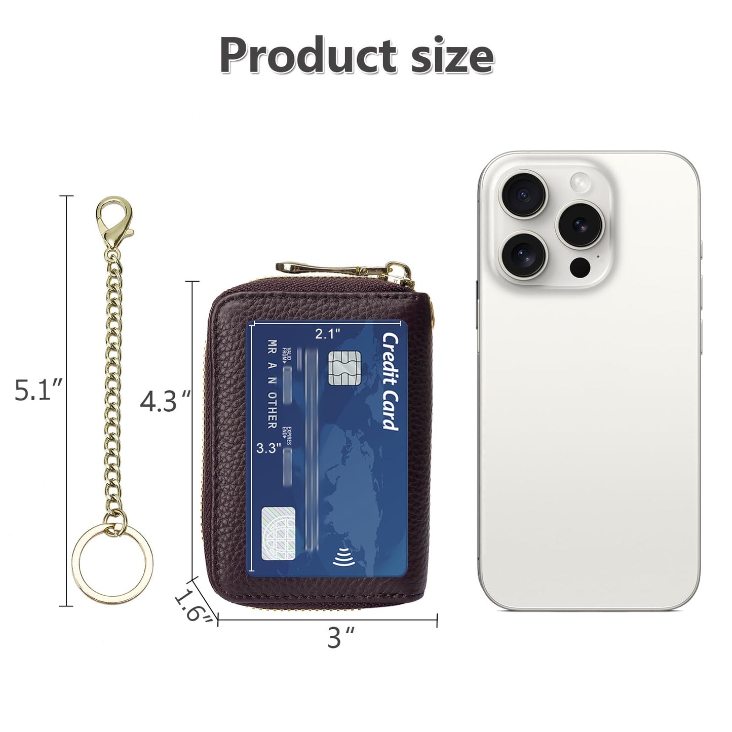 imeetu RFID Credit Card Wallet, Genuine Leather Zipper Card Case Holder with Removable Keychain(Max - Coffee)
