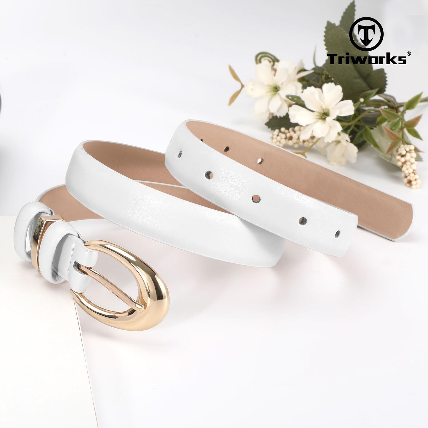 TRIWORKS Women Leather Belt for Jeans Pants Fashion Ladies Skinny Faux Leather Dress belt with Gold Buckle