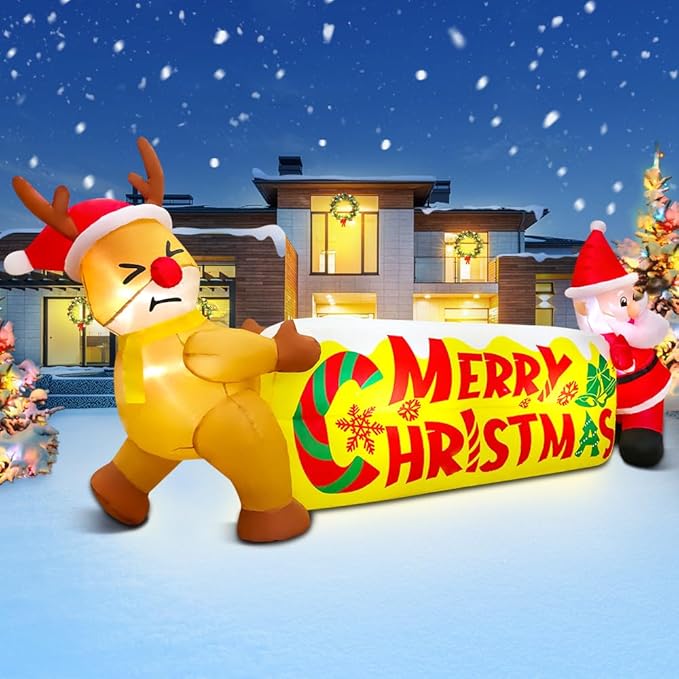 KOOY 10FT Christmas Inflatables Outdoor Decorations Santa and The Deer,Blow up Yard Decorations with LED Light Up for Xmas,Outdoor Christmas Decorations for Yard Holiday Party Garden Lawn Décor
