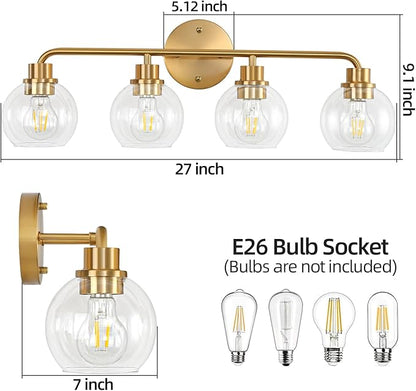 Bathroom Light Fixtures Gold Vanity Light 4 Light Wall Sconces Lighting Brushed Brass Lights with Clear Globe Glass Shades Bath Wall Lamp for Mirror Kitchen Living Room Bedroom Hallway 27 Inch
