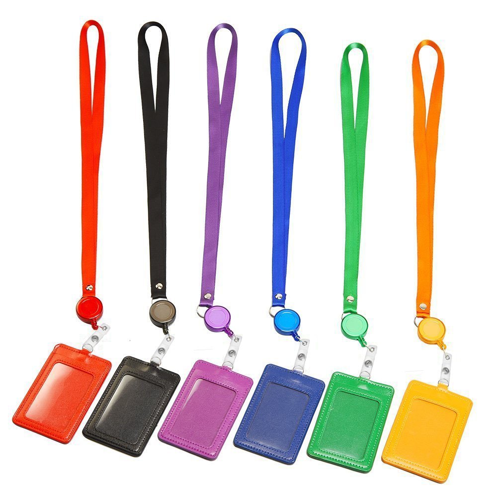 6 PCS ID Badge Card Holder, Name Badge Holder with Lanyard, Neck Lanyard id Holder for Women Men, Coolrunner 2-Sided PU Leather Vertical Business Card Holder Vertical/Horizontal (2.8" W x 4.3" H)