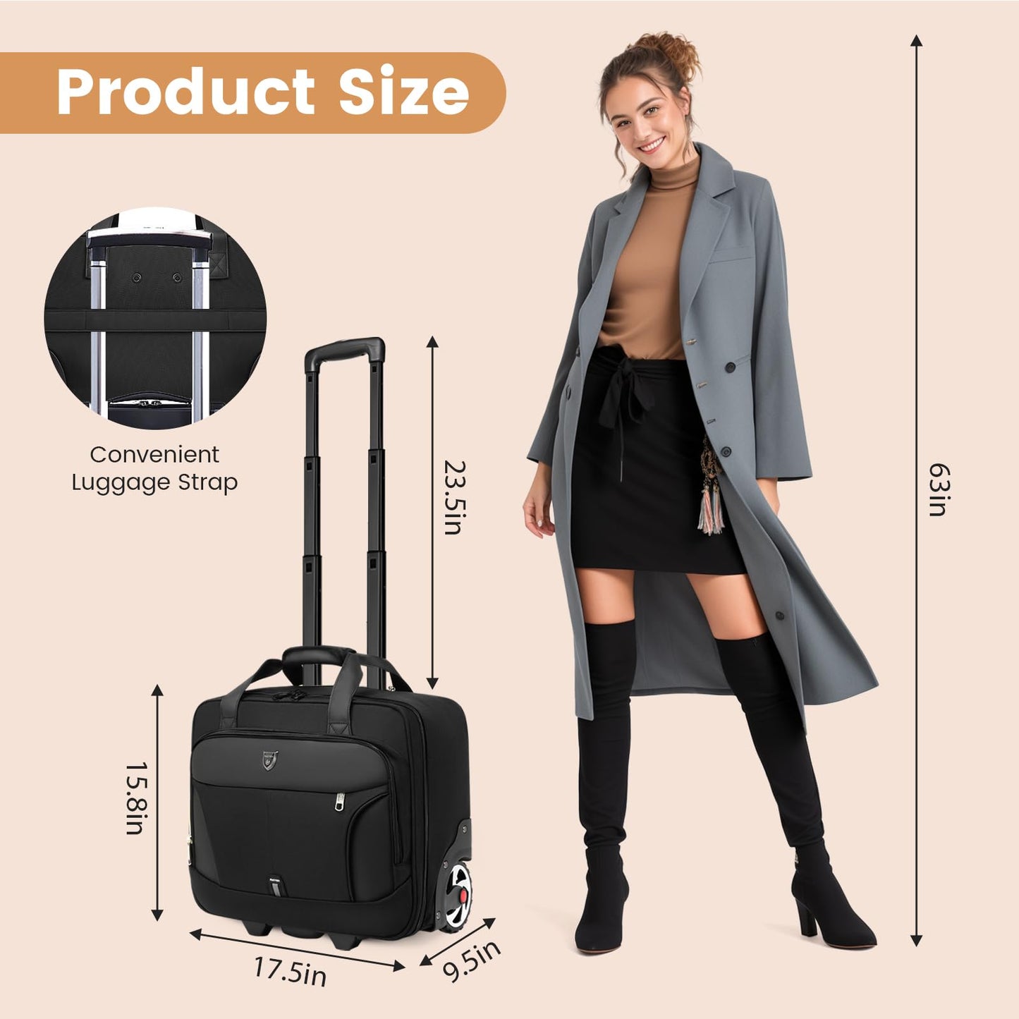 RUCYEN Rolling Laptop Bag,Rolling Briefcase for Men & Women,Laptop Briefcase on Wheels,Carry On Bag for Business Travel (Black+Black Zipper, 15.6 inch)