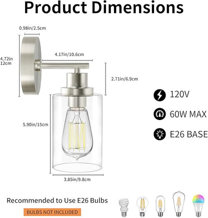 Brushed Nickel Wall Light: LED Wall Sconces Indoor, Modern Sconces Wall Lighting with E26 Base and Clear Glass Shade, Wall Light Fixtures for Bedroom, Hallway, Mirror, Living Room