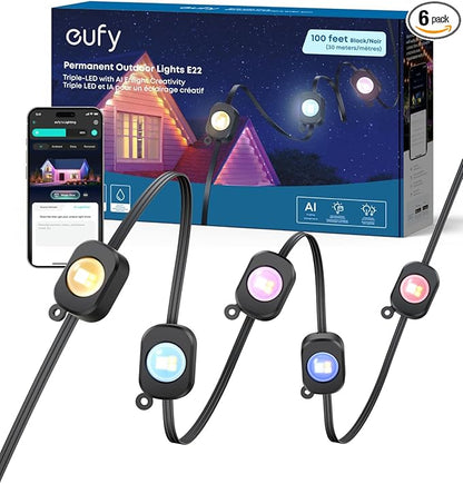 eufy Permanent Outdoor Lights E22, 100ft with 60 Triple-LED Lights, Smart RGBWW, Daily and Holiday, Up to IP67 Waterproof, AI Lighting Themes for Halloween, Christmas, Links with Cameras, Black