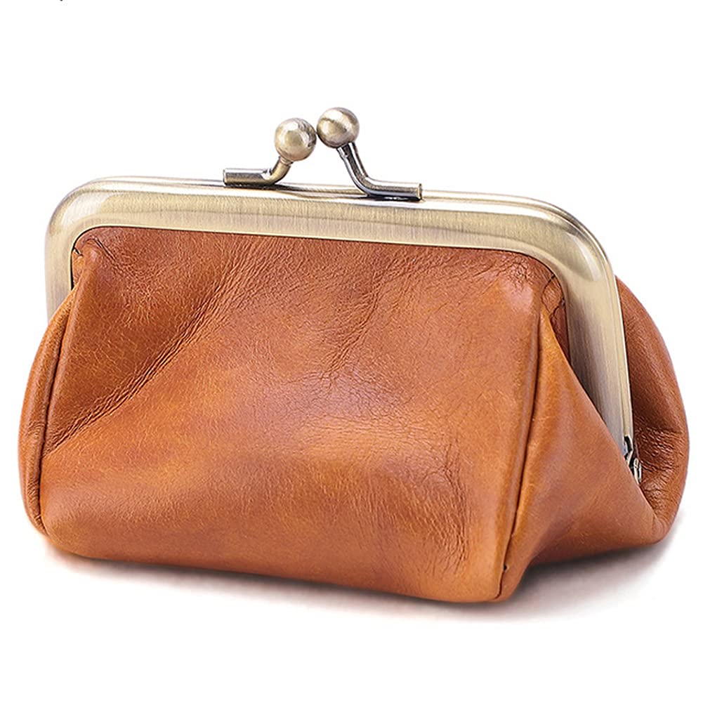 ROUROU Genuine Leather Clutch Bag for Women Kiss Lock Wallet Retro Coin Purse Coin Organizer Cute Purse