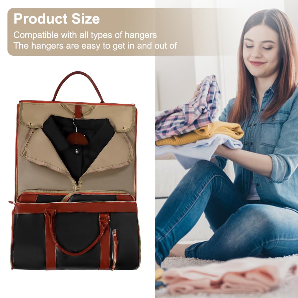 Convertible Garment Duffle Bag for Travel, Carry On Garment Bag with Shoe Pouch, PU Leather, 2 in 1 Hanging Suit Travel Bags Large Weekender Overnight Bags for Women Men (Black)