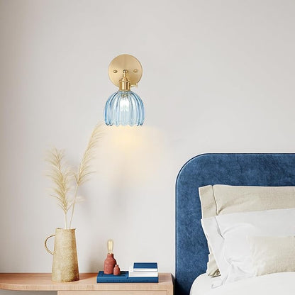 Wall Sconces Set of Two Hardwired, Vintage Sconce Light with Tulip Denim Blue Glass Lampshade, Bathroom Wall Lights with Switch, Gold Wall Light Sconces Wall Decor Set of 2
