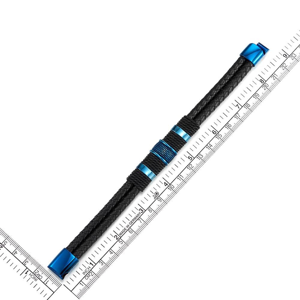 COOLSTEELANDBEYOND Men's Leather Bracelet, Black Braided Two-Row Band, Black Rope and Blue Steel Charms, Modern Stylish