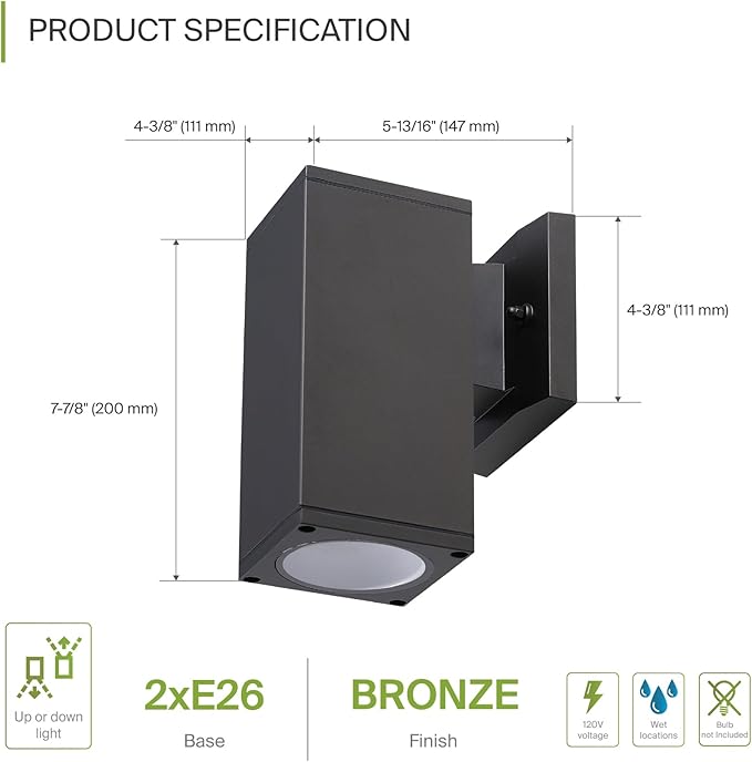 ASD 1 Light Square Outdoor Wall Light Fixture | 60W E26 Socket 120V ETL Cylinder Up Down Lights | LED/CFL/Incandescent Bulb Exterior Wall Sconce | Front Door, Porch, Patio Lighting | Bronze