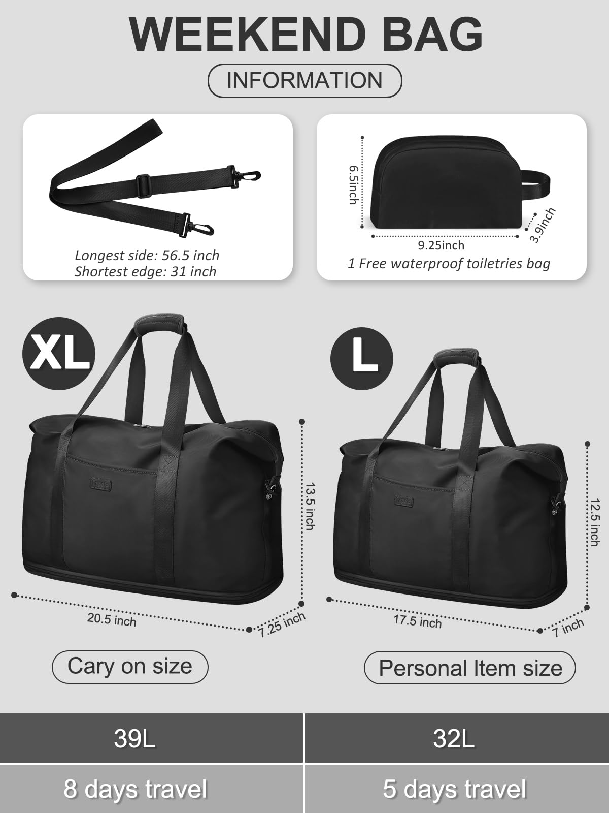 Expandable Travel Duffle Bag, Waterproof Weekender Overnight Bags for Women Men Hospital Bag for Women Labor Delivery Carry on Bag with Toiletry Bag for Travel Gym Airplanes(Black, X-Large)
