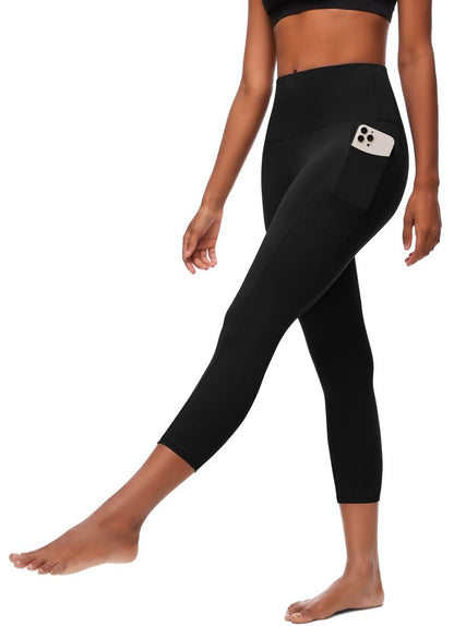 FULLSOFT Black Capri Leggings with Pockets for Women - High Waisted Tummy Control Soft Butt Lifting Workout Clothes for Women Yoga Pants Short Leggings Capris Y2k(Black with Pockets,Small-Meduim)