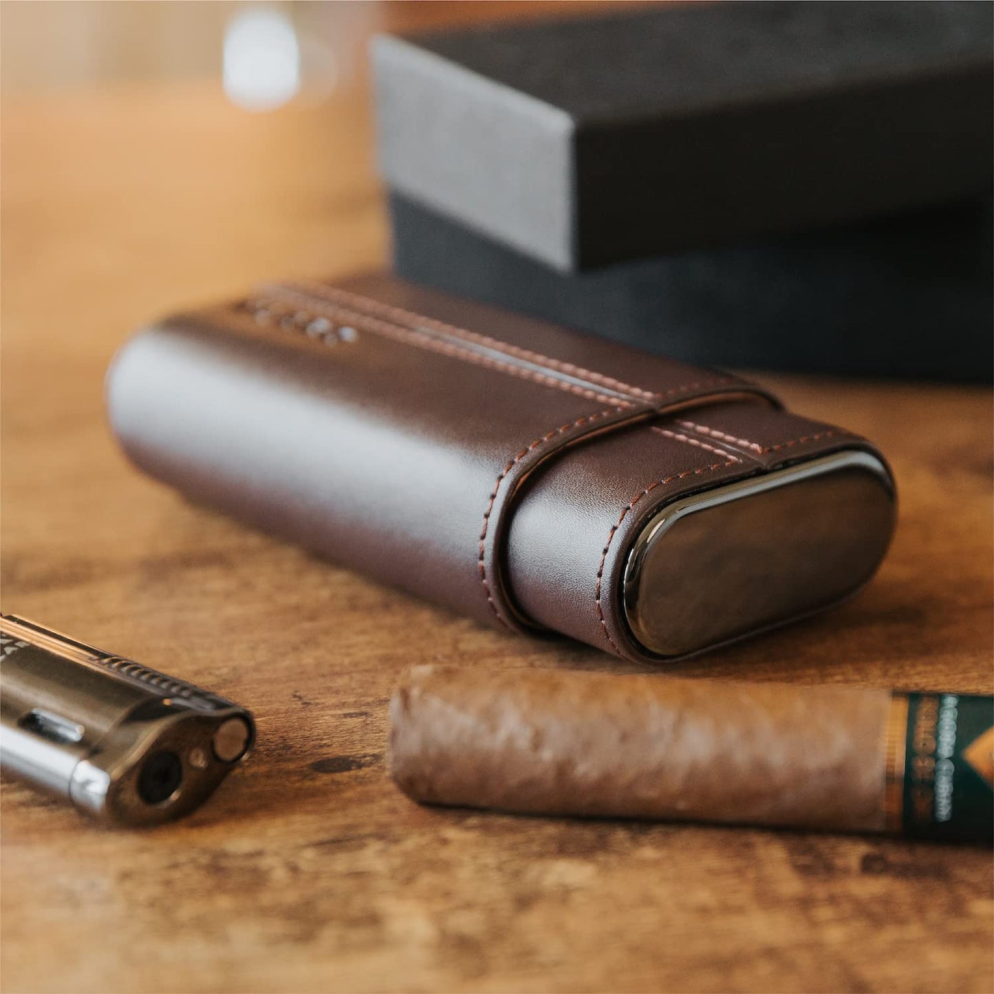 CASE ELEGANCE Premium 3 Cigar Protective Travel Case, Genuine Real Top Grain Brown Leather, Cedar Lined with Gold Metal End Caps, Gift Ready Packaging, Portable Travel Box