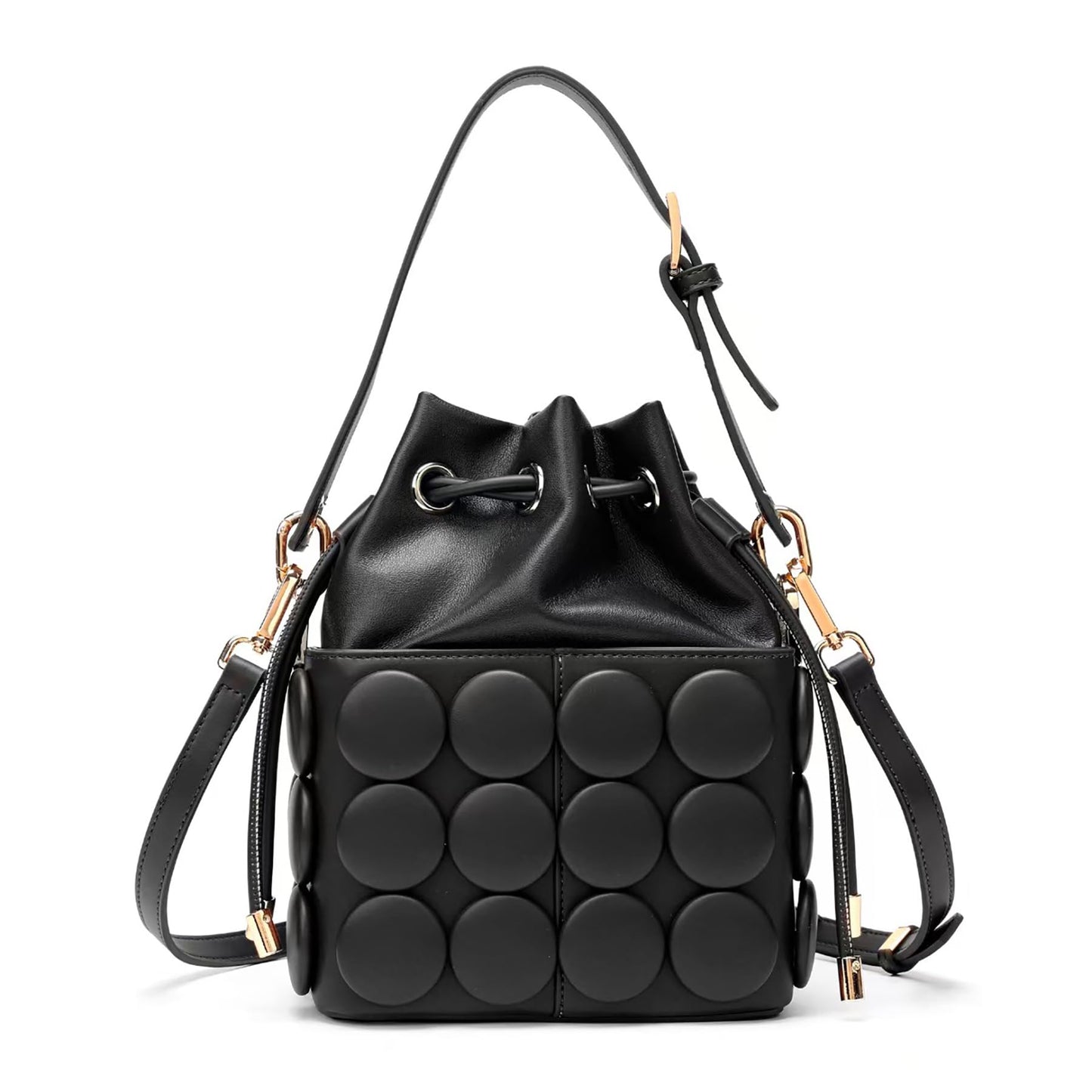 ZGRJSZDD Women's PU Leather Drawstring Top Handle Bucket Bag Purse with Solid Dot Patterns, Crossbody Shoulder Handbag, 9086 Black