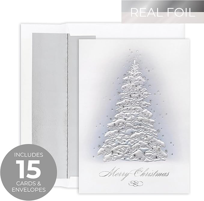 Masterpiece Embossed Frosted Tree Christmas Cards / 15 Boxed Winter Evergreen With Pearl And Silver Accents Holiday Cards With Coordinating Envelopes / 5 5/8" x 7 7/8" Folded Tree Greeting Card Set