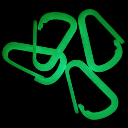 Breakwater Supply™ Hingeless Glow in the Dark Carabiner Hooks 4 Pack, Small 2-inch Gear Attachment Clips for Keys, Water Bottle, Backpack, MOLLE + Ultralight, D-Ring, D-Shape (White with Green Glow)