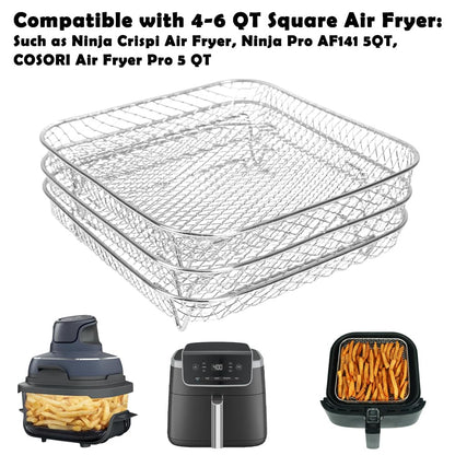 BYKITCHEN 8 inch Square Air Fryer Rack, 3pcs Stackable Stainless Steel Dehydrator Rack with Silicon Feet, Square Air Fryer Accessories for Cosori, Instant Vortex, Ninja Pro XL 6.5 QT AF181 & More