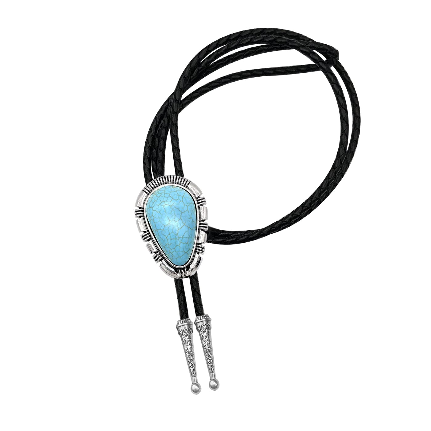 YOQUCOL Droplet Shape Blue Turquoise Stone Bolo Tie Native Western Cowboy Bola Tie Hand-woven Leather Necktie for Men Women