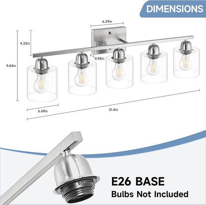 Modern Brushed Nickel 5 Light Bathroom Vanity Light, 31 inch Bathroom Light Fixtures with Clear Glass for Mirror Kitchen Living Room Hallway Cabinet Porch