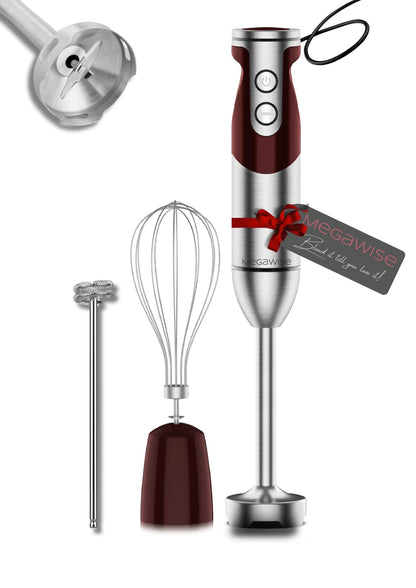 MegaWise Pro Titanium Reinforced 3-in-1 Immersion Corded Hand Blender, Powerful MOTOR with 80% Sharper Blades, 12-Speed Corded Blender, IncludingWhisk and Milk Frother (3-in 1 Red)